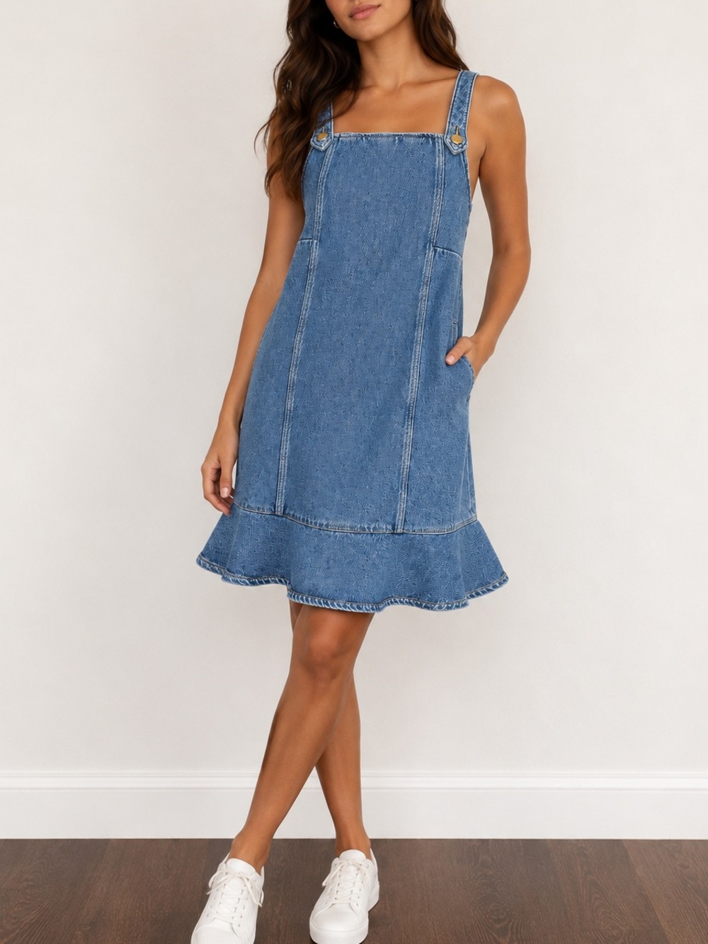 Ganni Denim Mini Dress Ruffle Hem Blue Strappy Shift Dress XS